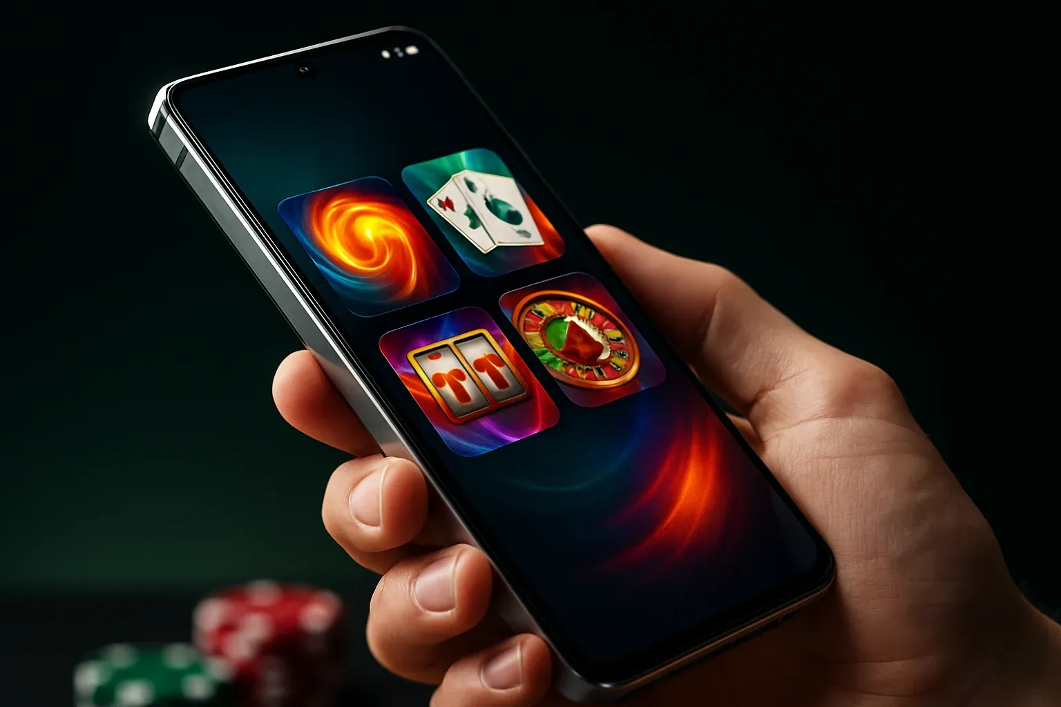 Flagship Android smartphone showing premium casino app interface in dramatic lighting