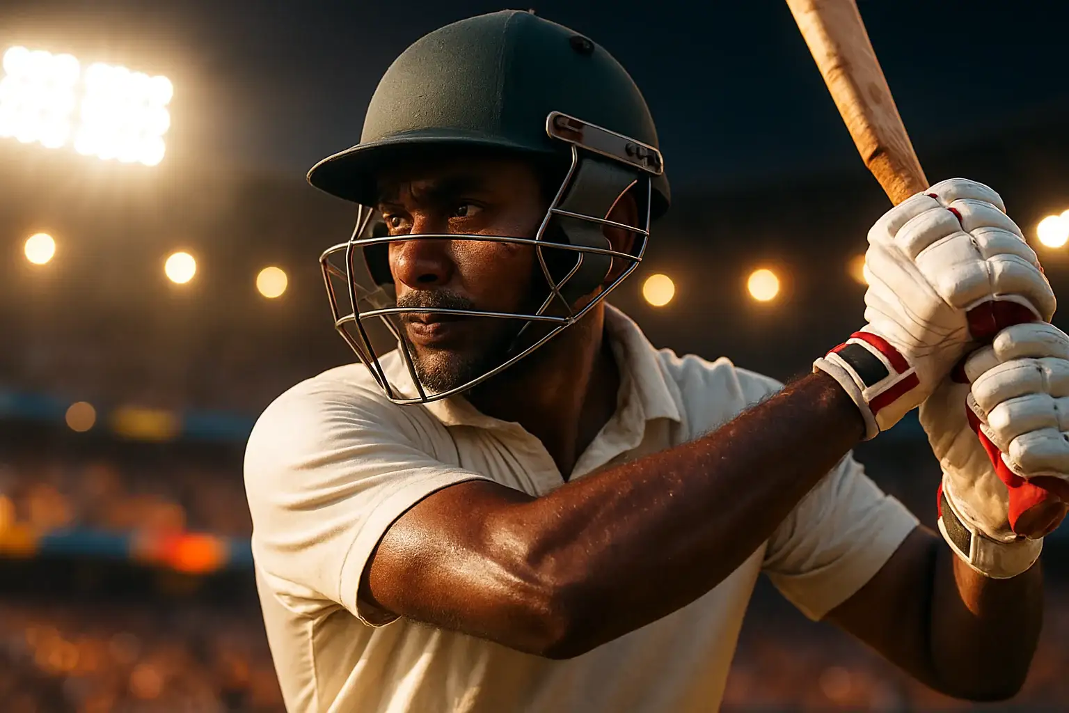 Hyperrealistic close-up of Bangladeshi cricket batsman mid-swing under stadium floodlights