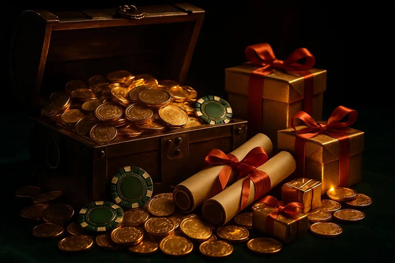 Overflowing treasure chest with gold coins, casino chips, bonus vouchers, gift boxes