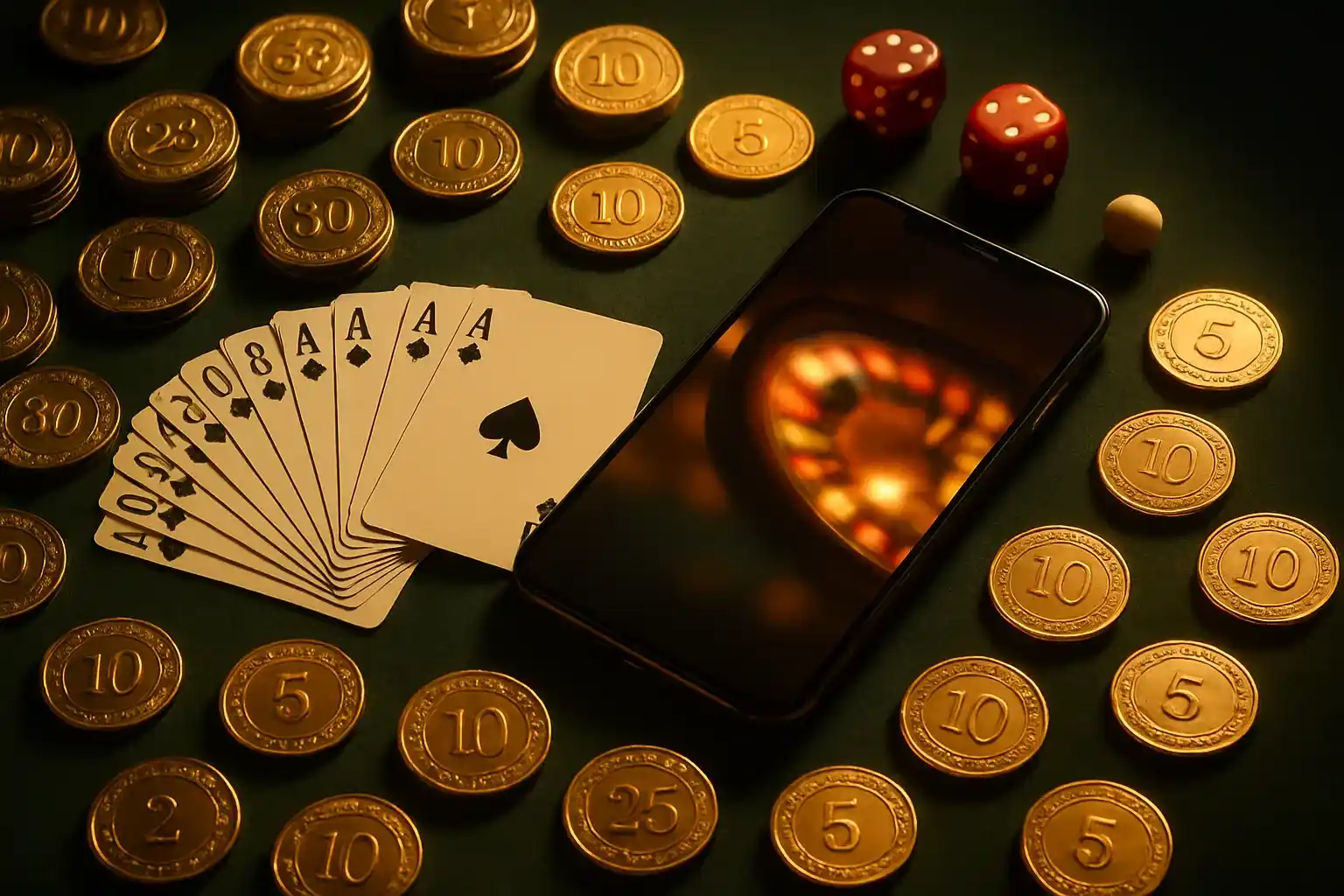 Top-down casino table with gold chips, cards, dice, roulette ball, smartphone