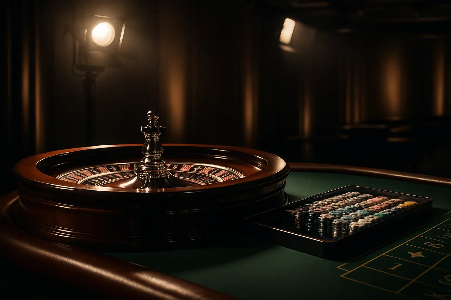 Hyperrealistic wide shot of empty roulette table in premium live casino studio