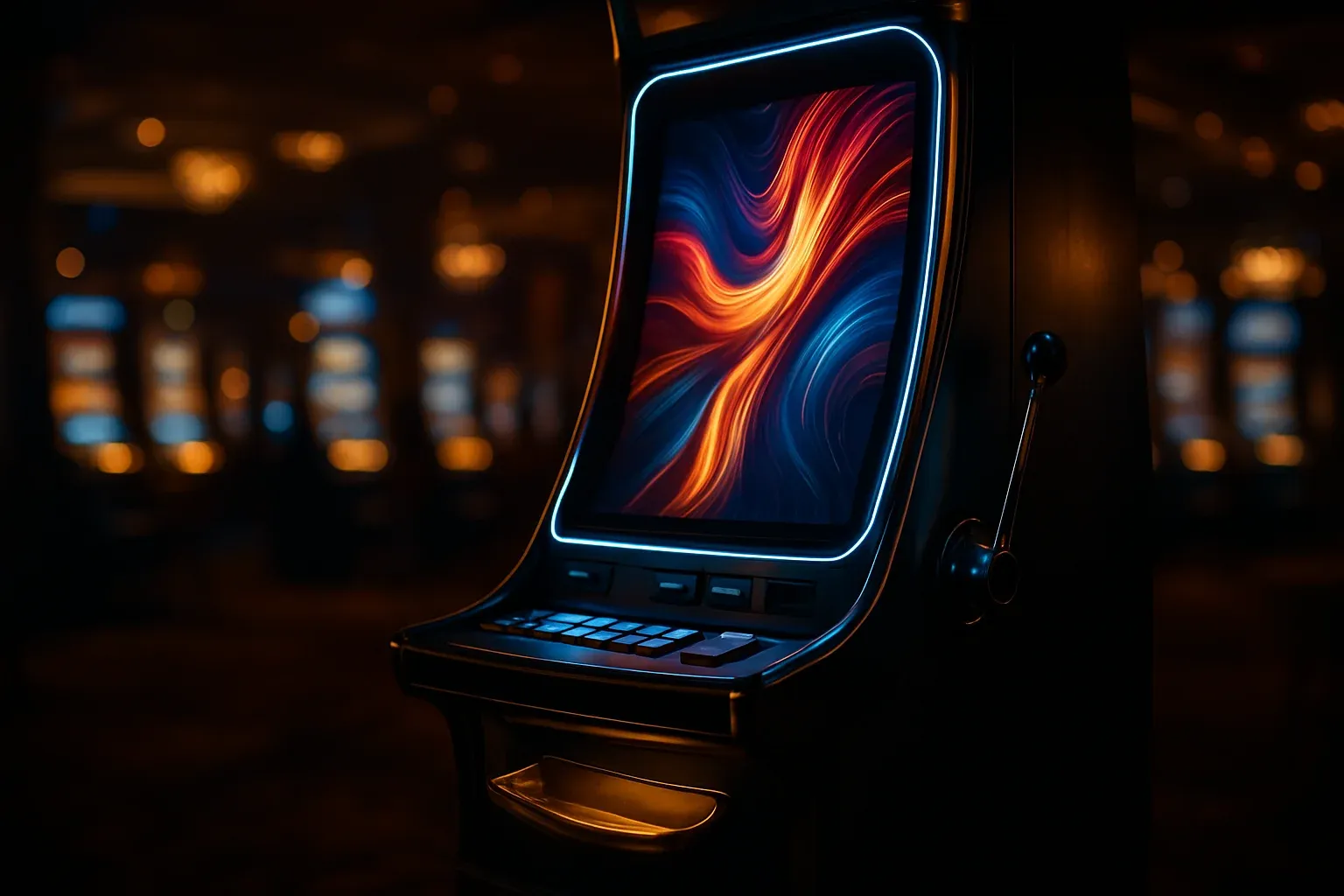 Hyperrealistic premium slot machine in dark luxury casino with neon lighting